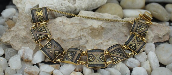 Bracelet Métal Art Déco Vintage – Fermoir Coulissant Et Chaîne De Sécurité – Neuf