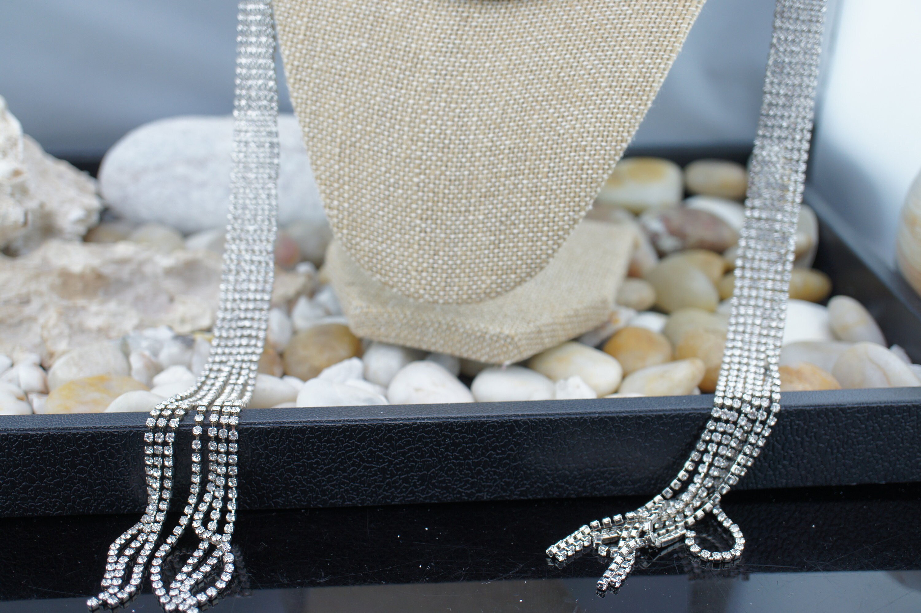 Art deco style silver tone chain adjustable belt bell dangle necklace XS S Vintage Art Deco Necklace Belt Tie Scarf Wide Silver Tone CZ  main image 3