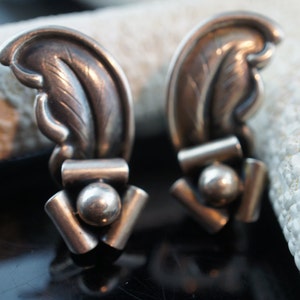 Denmark SC Art Deco Jewelry Vintage clip on   earrings   handmade 925 Sterling Silver  Earringsflowers leaves  circa minimalist x133