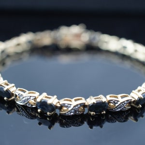 Vermeil Bracelet 925 Sterling Silver Dark Blue Topaz Stones & Diamond Chips - Retro Tennis Bracelet Vintage Jewelry st1112