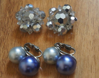 Boucles D'oreilles Clips Vintage En Verre Mauve/violet - Authentique Années 60, Occasion