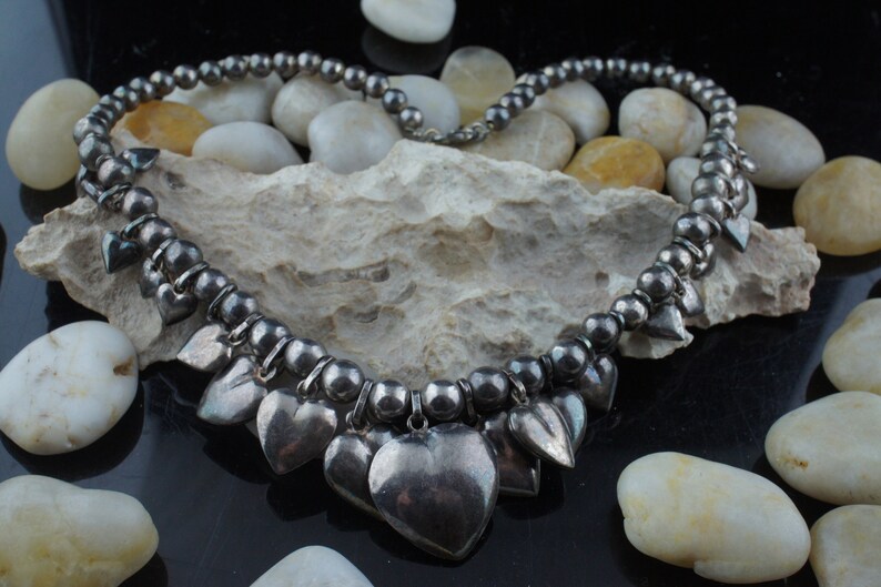 925 Sterling Silver Vintage Art Deco Necklace chain Choker beads heart gift circa Modernist 67gr st243