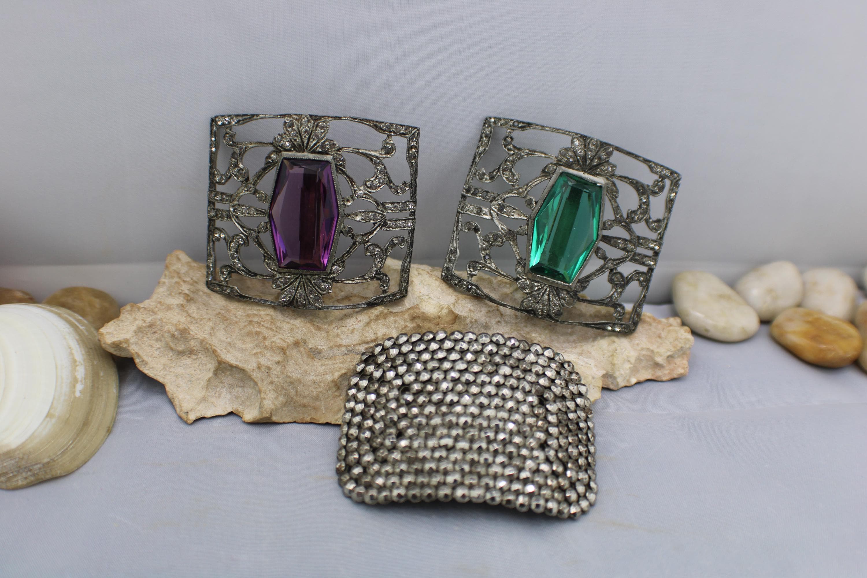 Vintage MGC Silver Tone Stones CZ Faceted Green Purple 