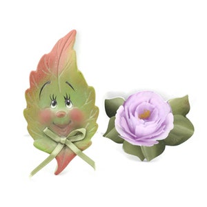 Ceramic Smiley Smile Face Green Leaf Leaves Wood Purple Rose Minimalist Modernist brooches set of 2 pins pin Vintage Deco Art Jewelry Can-8