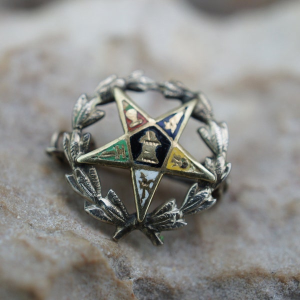 Vintage 14K Solid Gold Eastern Star Masonic Pin 14k White Gold and Enamel Small Brooch - Order of the Eastern Star L1