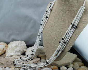 Indian American Navajo Vintage Art Deco Necklace Beaded Beads White Black Several Strands seed beads gift circa Modernist cone sa193