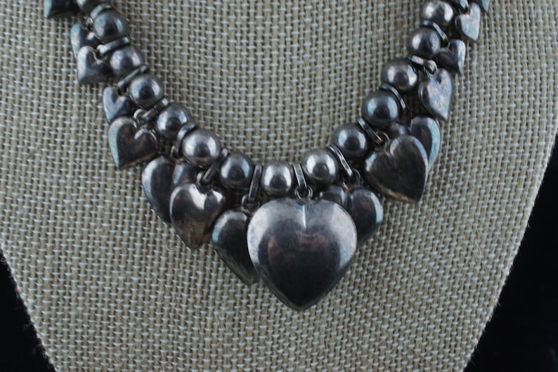 925 Sterling Silver Vintage Art Deco Necklace chain Choker beads heart gift circa Modernist 67gr st243