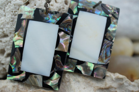 Vintage Rectangle Silver Tone Abalone Shell Earri… - image 4