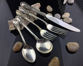 Cuchillo de mesa de 5 piezas con diseño victoriano americano Lunt de Frederick Koonz, tenedor de ensalada, tenedores, cuchara de té, cuchara de sopa, cubiertos