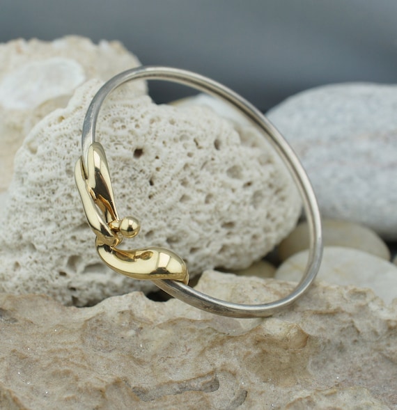 925 Estate Sterling Silver & 14K Gold JTL Israel Eye Hook Bangle