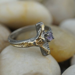 925 Ring Estate Vintage Band Jewelry Sterling Silver Size 6 Religious Catholic Cross Crucifixion CZ Purple *349
