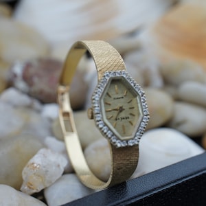 Vintage Geneve 14 kt Solid Gold Ladies Bracelet Diamond Wrist Watch 6 3/4" long Quartz L3