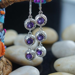 STERLING 925 Vintage Art Deco Pierced Earrings Dangling drop part disks purple stones hammered China Earrings st163