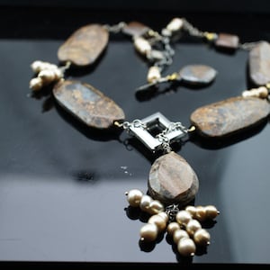 925 Sterling Silver Tres Jolie Statement Sautoir Necklace Genuine Pearls Stones Brown Beads Chain Vintage Modernist Jewelry Circa st1041