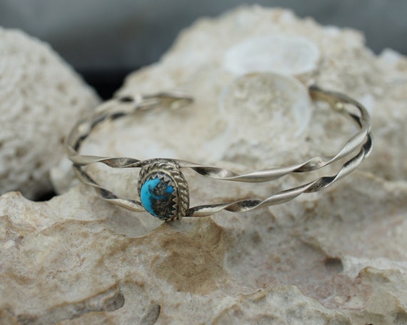 Bracelet Vintage En Argent 925 Et Turquoise Naturelle - Bon état D'usage