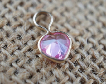 Solid Gold  pendant 10k pink crystal stone   1/4'' by 2/4''  heart gift gold  Estate Art Deco charm for chain necklace bracelet L4