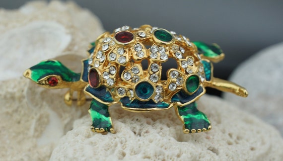 Brooch Turtle Art Deco Jewelry Gold Tone Green Re… - image 3
