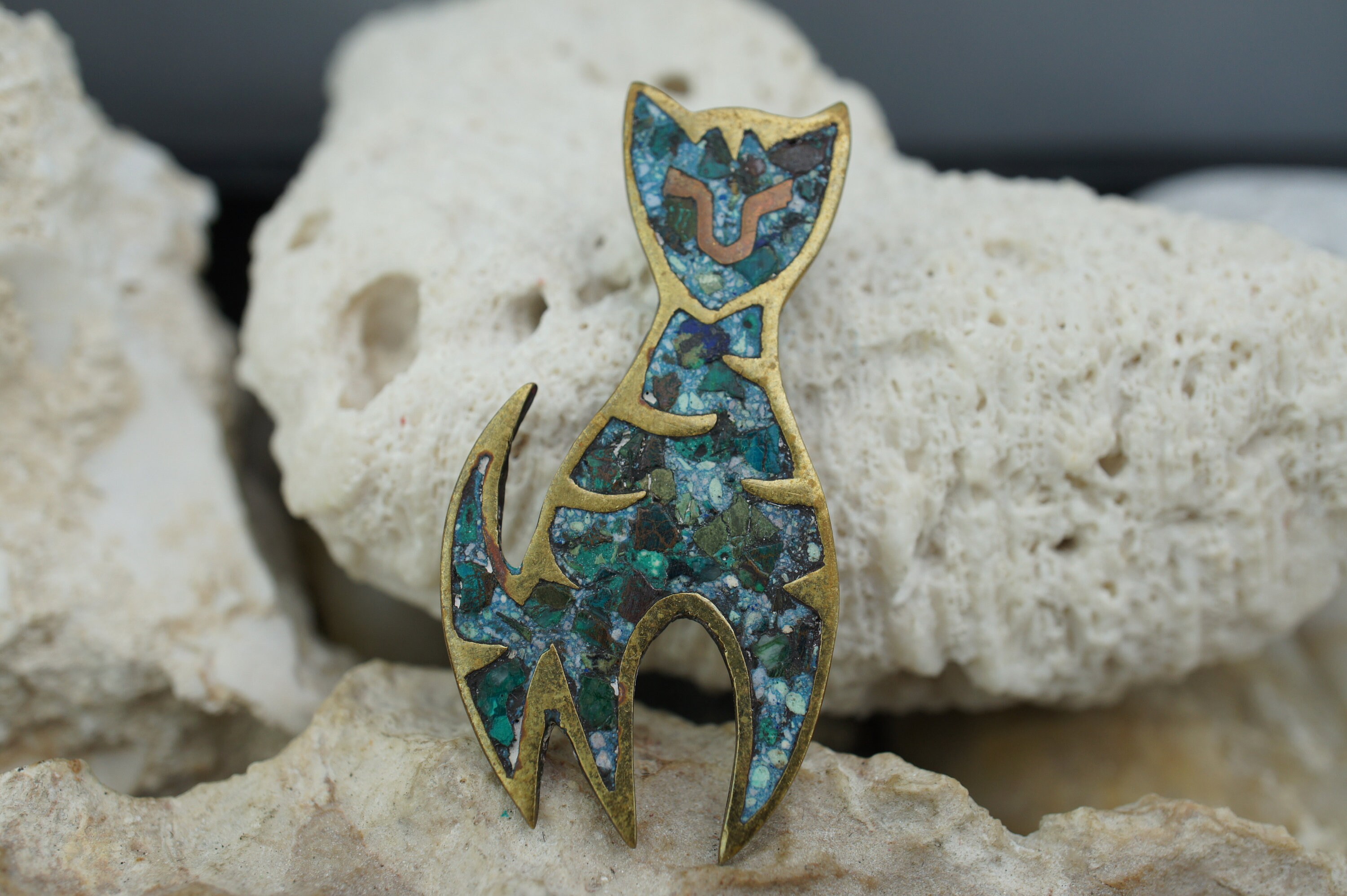 Broche Ancienne En Argent Massif 925 Taxco Style Art Déco - Motif Chat Et Turquoise