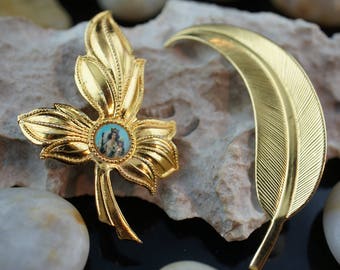 Vintage Jewelry Art gold tone set 2  Pin Brooch leaves leaf The God Mother with the child circa Modernist Graceful L053