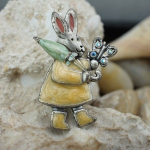 Sterling Silver 925 Hare Rabbit Enamel with Umbrella and Butterfly Vintage Signed C TC Art Deco Jewelry Pin Brooch *168
