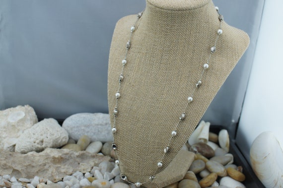 Necklace Chain Beads Faux Pearls Silver Beads Lov… - image 2