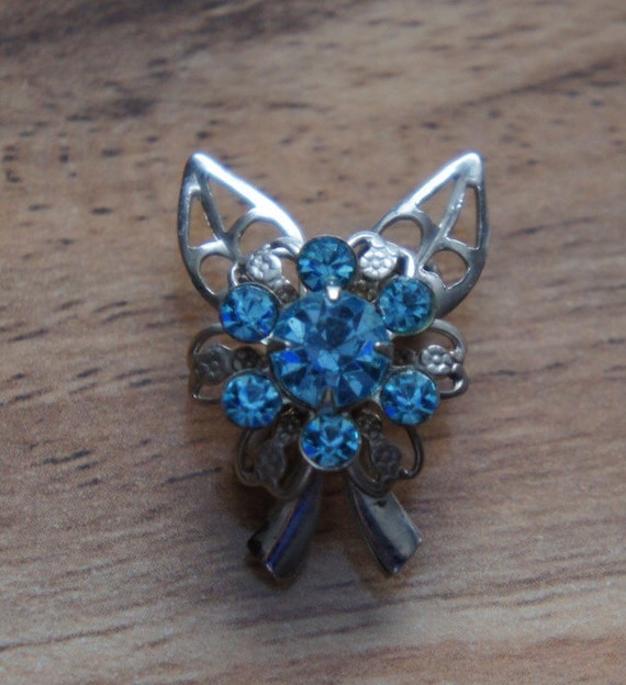 Broche Vintage Strass Bleu - Bijou Ancien - Occasion Bon état