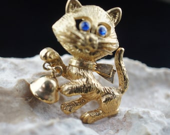 Vintage Art Deco Jewelry Avon Brooch Cat with Bell Blue Rhinestone Eyes Gold Tone Figural Pinminimalist Modernist Graceful pin  cc128
