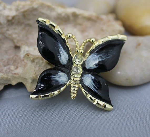 Butterfly butterflies Brooch Pin Black Gold Tone … - image 2