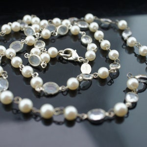Carolee Necklace Chain Silver Tone Vintage Art Deco Beads White Faux Pearls Clear Rhinestones Gift  Circa  Modernist *40
