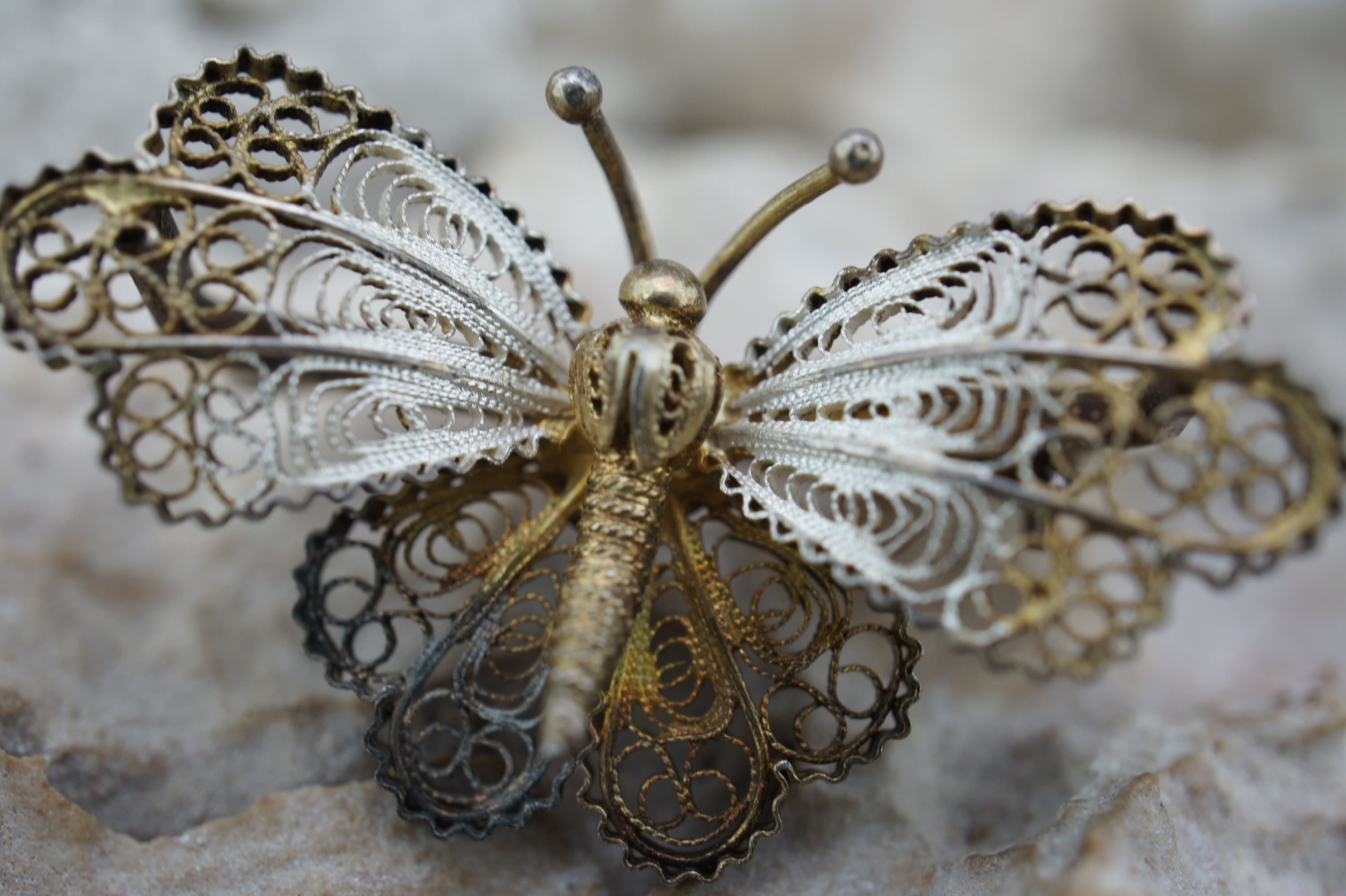 Broche Papillon Filigrane Argent Massif Et Vermeil - Vintage Italie - Occasion