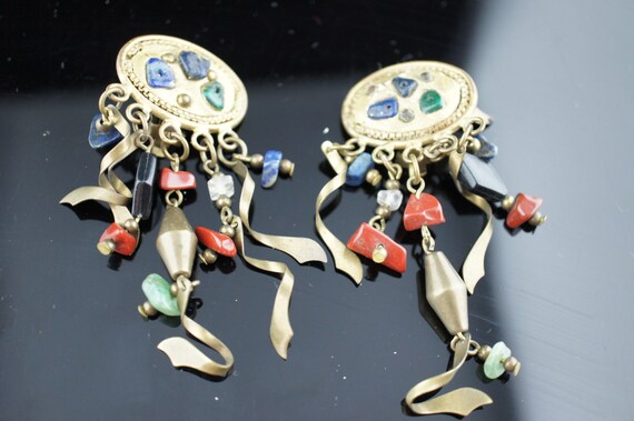 Paire De Clips D'oreilles Art Déco Moderniste Vintage - Nacre, Noir, Argent, Strass