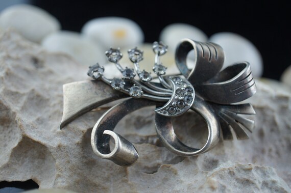 Broche Ancienne En Argent Massif 925 - Style Art Déco/Nœud - Occasion