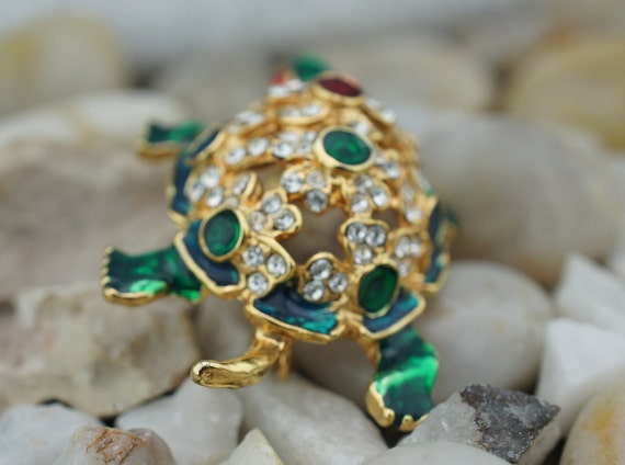 Brooch Turtle Art Deco Jewelry Gold Tone Green Re… - image 5