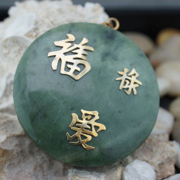 Sterling Silver Green Genuine Jade Pendant Gold Vermeil and Kanji Character 925 Disk Vintage Art Deco Smooth Design Jewelry Modernist st969