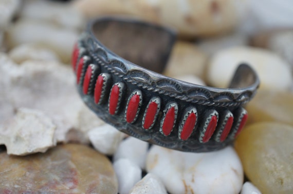 Old Patina Vintage Native American Navajo Sterling Silver Coral Bracelet Old Old Patina Vintage Native American Navajo Sterling Silver Coral Bracelet Old