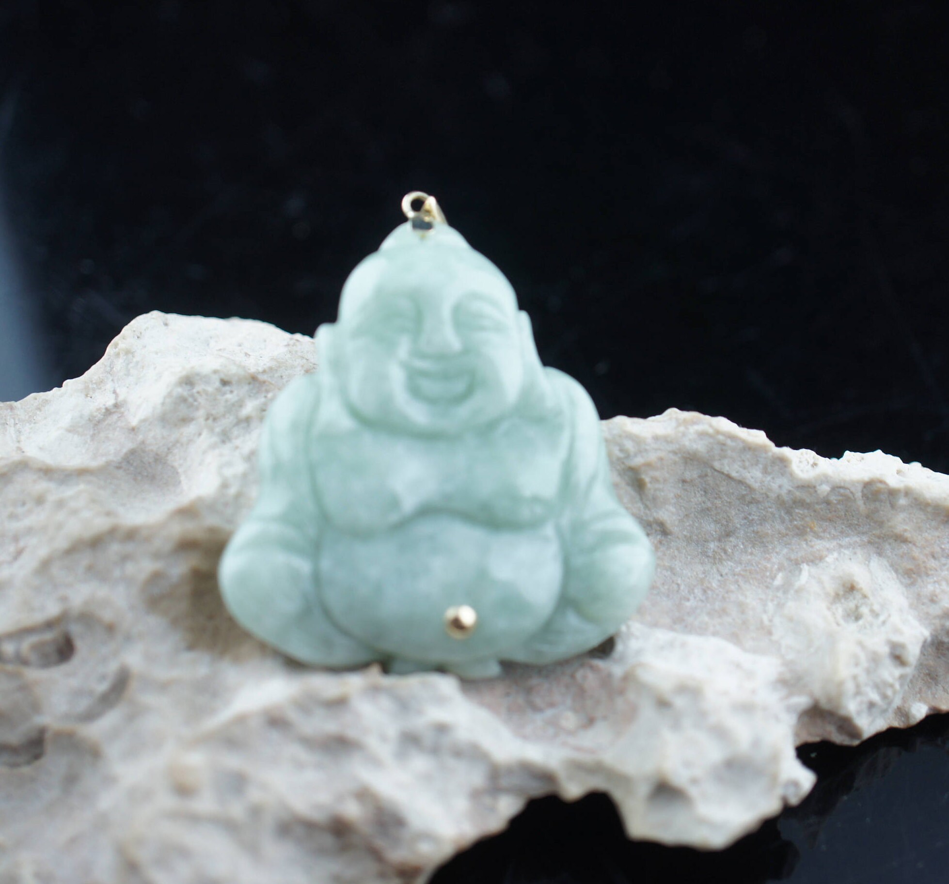 Pendentif Bouddha En Jade Et Or 14 Carats - Style Art Déco Vintage - Collier Long - Occasion
