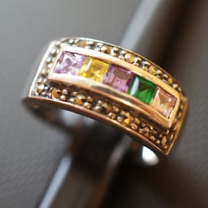 Vintage Sterling Silver 925  Cocktail Ring Multicolor Semi Precious gem gemstones Amethyst Citrine Tanzanite Emerald Light Rose Z-263