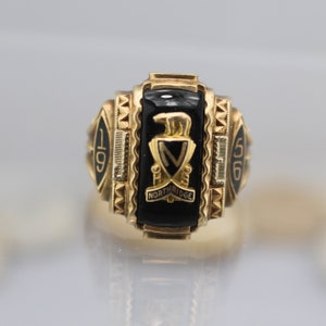 10K Solid Gold Yellow Josten 1956 High School Class Northridge Ring Signet Aged Patina 7.5 Grams Size 7 Vintage Art Deco Jewelry