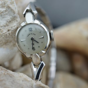 Lady Elgin Vintage Wrist 14K Gold With Bracelet Silver Stretch Middle Size Mechanical Woman L1