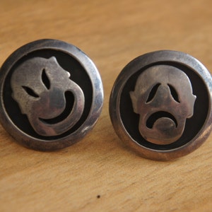 Vintage 925 Sterling Silver theater faces happy sad smile Face Screw Back  Earrings 925 Mexico Clip On W-062
