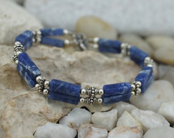 Vintage Tennis Bracelet 925 Sterling Silver Blue Stone Beads Jewelry 7 3/4'' Two Strands Vintage 16