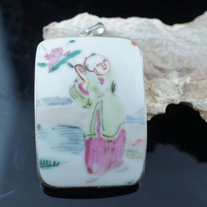 Jewelry pendant Vintage STERLING Silver 925 Pin Porcelain Man circa Modernist enameled Asian Japan custom original stamp st1 image 2