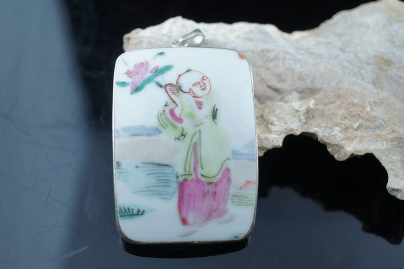 Jewelry pendant Vintage STERLING Silver 925 Pin Porcelain Man circa Modernist enameled Asian Japan custom original stamp st1 image 2