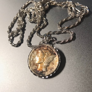 Coin Necklace 925 Rope Design Twisted Authentic 1941 Silver Mercury Dime Pendant United States of America *427