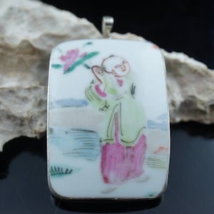 Jewelry pendant Vintage STERLING Silver 925 Pin Porcelain Man circa Modernist enameled Asian Japan custom original stamp st1 image 1