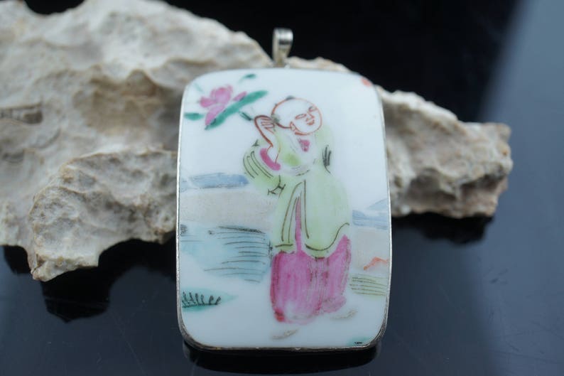 Jewelry pendant Vintage STERLING Silver 925 Pin Porcelain Man circa Modernist enameled Asian Japan custom original stamp st1 image 1