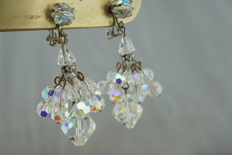 Earrings Silver Tone Chandelier Clear Stone Aurora Borealis Rhinestone Clip On Drop Part Vintage Jewelry Art Deco Gift *106