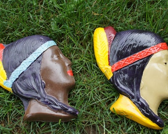 Vintage Art Deco Vintage 1940s Chalkware Indian Maid Wall Decor Face, One or Pair plaster head indian decoration