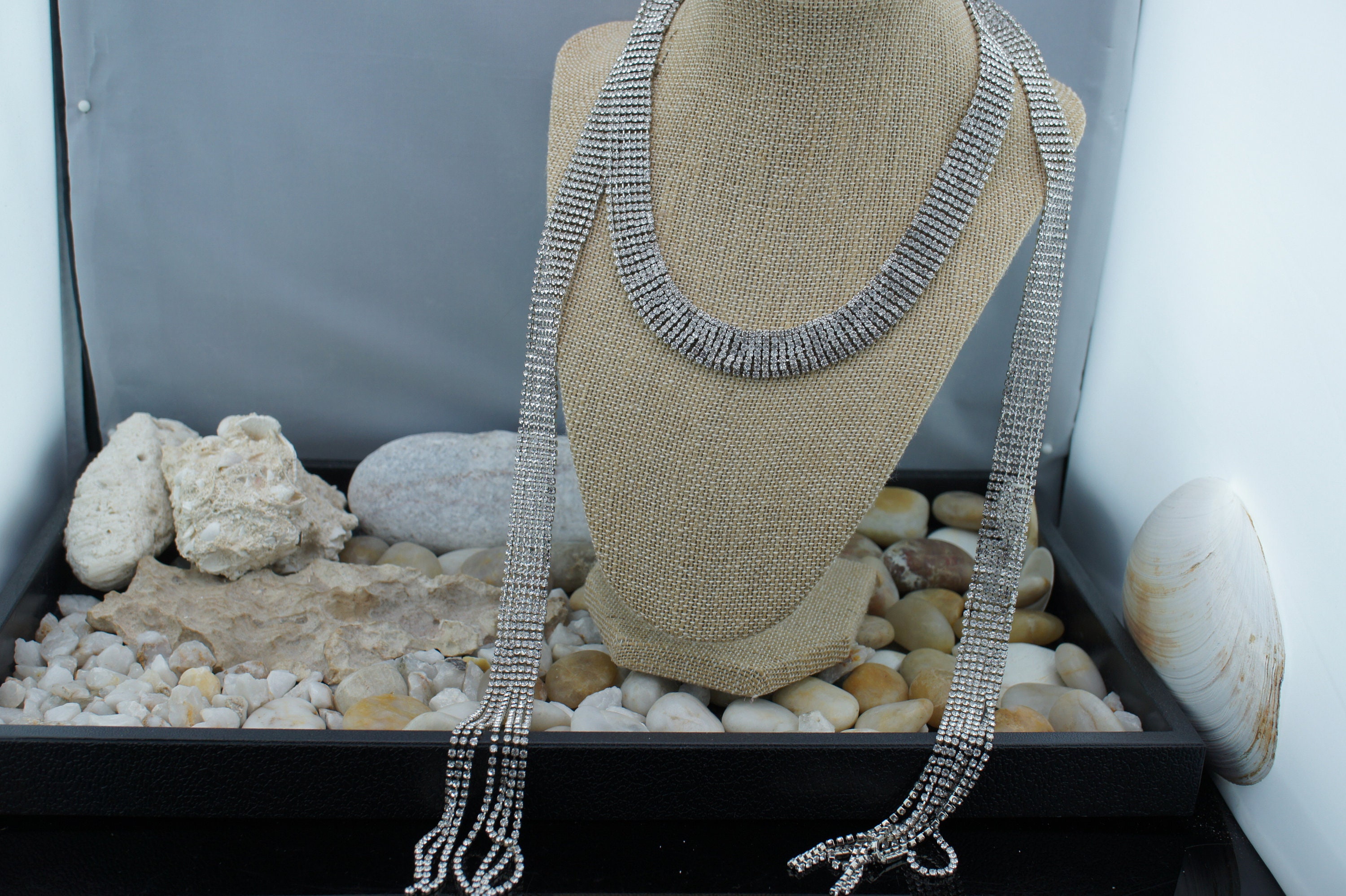 Vintage Art Deco Necklace Belt Tie Scarf Wide Silver Tone CZ 
