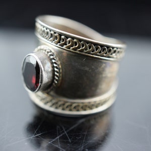925 Sterling Silver Ring  handmade wide  red stone size 8 Art Deco Jewelry Vintage  circa minimalist st667